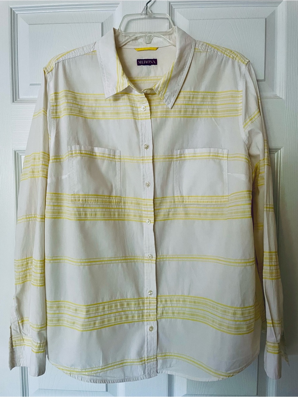 EUC Merona Yellow & White Striped Button-Down Shirt Long Sleeve 100% Cotton